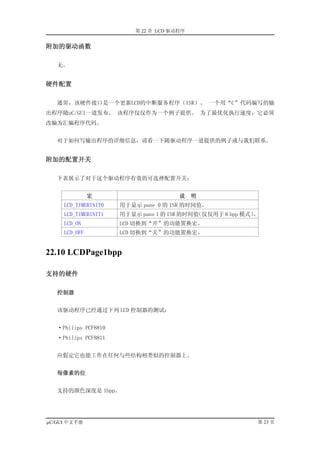 第 22 章 LCD 驱动程序


附加的驱动函数

   无。


硬件配置

   通常，该硬件接口是一个更新LCD的中断服务程序（ISR）。 一个用“C”代码编写的输
出程序随uC/GUI一道发布。 该程序仅仅作为一个例子提供。 为了最优化执行速度，它必须
改编为汇编程序代码。


   对于如何写输出程序的详细信息，请看一下随驱动程序一道提供的例子或与我们联系。


附加的配置开关

   下表展示了对于这个驱动程序有效的可选择配置开关：


               宏                       说    明
     LCD_TIMERINIT0   用于显示 pane 0 的 ISR 的时间值。
     LCD_TIMERINIT1   用于显示 pane 1 的 ISR 的时间值（仅仅用于 6 bpp 模式）。
     LCD_ON           LCD 切换到“开”的功能置换宏。
     LCD_OFF          LCD 切换到“关”的功能置换宏。


22.10 LCDPage1bpp

支持的硬件

   控制器


   该驱动程序已经通过下列 LCD 控制器的测试：


   ·Philips PCF8810
   ·Philips PCF8811


   应假定它也能工作在任何与些结构相类似的控制器上。


   每像素的位


   支持的颜色深度是 1bpp。




µC/GUI 中文手册                                                第 23 页
 