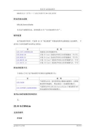 第 22 章 LCD 驱动程序

   RAM 的大小（字节）= ( LCD_YSIZE+7)/8* LCD_XSIZE


附加的驱动函数

   LCD_L0_ControlCache


   有关这个函数的信息，请参阅第 23 章“LCD 驱动程序 API”。


硬件配置

   这个驱动程序使用一个如第 20 章“低层配置”所描述的简单总路线接口访问硬件。 下
表列出了必须为硬件访问所定义的宏：


                 宏                             说   明
  LCD_INIT_CONTROLLER        初始化 LCD 控制器序列。
  LCD_READ_A0                A线（A-line）为低电平时从 LCD 控制器读一个字节。
  LCD_READ_A1                A线（A-line）为高电平时从 LCD 控制器读一个字节。
  LCD_WRITE_A0               A 线（A-line）为低电平时向 LCD 控制器写入一个字
  LCD_WRITE_A1               A 线（A-line）为高电平时向 LCD 控制器写入一个字

附加的配置开关

   下表展示了对于这个驱动程序有效的可选择配置开关：


                宏                              说   明
                             当设置为 0 时，没有使用显示数据高速缓存，会降低
  LCD_CACHE
                             驱动程序的速度。 默认值是 1（高速缓存激活）。
                             当设置为 0 时，LCD_L0_ControlCache ()驱动程序 API
  LCD_SUPPORT_CACHECONTROL
                             的高速缓存控制功能被禁止。


某些LCD控制器的特殊要求

   无。


22.11 LCDSLin

支持的硬件

   控制器



µC/GUI 中文手册                                                       第 25 页
 