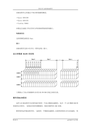 第 22 章 LCD 驱动程序

    该驱动程序已经通过下列LCD控制器的测试：


    ·Epson SED1330
    ·Epson SED1335
    ·Toshiba T6963


    应假定它也能工作在任何与些结构相类似的控制器上。


    每像素的位


    支持的颜色深度是 1bpp。


    接口


    该驱动程序支持 8 位并行（简单总线）接口。


显示屏数据 RAM 的结构




    上图展示了显示存储器和 LCD 的 SEG 和 COM 引线之间的关系。


额外的RAM需求

    这些 LCD 驱动程序可以使用或不使用一个显示数据高速缓存，包含一个 LCD 数据 RAM 的
容量的完全拷贝。 如果没有使用调整缓存，则没有额外的 RAM 需要。


    推荐使用这些驱动程序时，一起使用一个数据高速缓存，以获得更快的 LCD 访问速度。 用




第 26 页                                     µC/GUI 中文手册
 