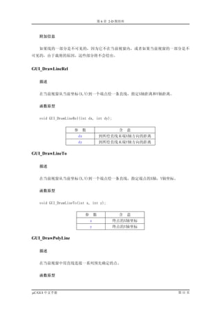 第 6 章 2-D 图形库



   附加信息


   如果线的一部分是不可见的，因为它不在当前视窗内，或者如果当前视窗的一部分是不
可见的，由于裁剪的原因，这些部分将不会绘出。


GUI_DrawLineRel

   描述


   在当前视窗从当前坐标(X,Y)到一个端点绘一条直线，指定X轴距离和Y轴距离。


   函数原型


   void GUI_DrawLineRel(int dx, int dy);


                    参   数                    含     意
                      dx               到所绘直线末端X轴方向的距离
                      dy               到所绘直线末端Y轴方向的距离

GUI_DrawLineTo

   描述


   在当前视窗从当前坐标(X,Y)到一个端点绘一条直线，指定端点的X轴，Y轴坐标。


   函数原型


   void GUI_DrawLineTo(int x, int y);


                           参       数         含     意
                               x           终点的X轴坐标
                               y           终点的Y轴坐标

GUI_DrawPolyLine

   描述


   在当前视窗中用直线连接一系列预先确定的点。


   函数原型



µC/GUI 中文手册                                             第 11 页
 