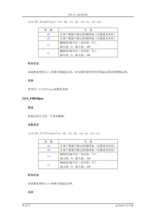第 6 章 2-D 图形库

    void GUI_DrawEllipse (int x0, int y0, int rx, int ry);


                  参    数                    含     意
                      x0       在客户视窗中圆心的X轴坐标（以像素为单位）
                      y0       在客户视窗中圆心的Y轴坐标（以像素为单位）
                               椭圆的X轴半径（直径的一半）。
                      rx
                               最小值：0，最大值：180
                               椭圆的Y轴半径（直径的一半）。
                      ry
                               最小值：0，最大值：180


    附加信息


    该函数处理的rx/ry参数不能超过180，因为那样将使用到导致溢出错误的整数运算。


    范例


    参考GUI_FillEllipse函数的范例


GUI_FillEllipse

    描述


    按指定的尺寸绘一个填充椭圆。


    函数原型


    void GUI_FillEllipse(int x0, int y0, int rx, int ry);


                  参        数                含     意
                      x0       在客户视窗中圆心的X轴坐标（以像素为单位）
                      y0       在客户视窗中圆心的Y轴坐标（以像素为单位）
                               椭圆的X轴半径（直径的一半）。
                      rx
                               最小值：0，最大值：180
                               椭圆的Y轴半径（直径的一半）。
                      ry
                               最小值：0，最大值：180


    附加信息


    该函数处理的rx/ry参数不能超过180。


    范例



第 22 页                                                       µC/GUI 中文手册
 