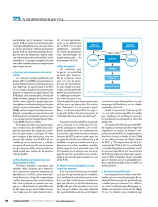 RSE     UN COMPROMISO RACIONAL




      accionistas, pero tampoco creemos                de en una aproxima-
      que la RSE se deba asociar tanto a los           ción a la aplicación
                                                                                              AMBIENTE                                  ENTORNO
      conceptos filantrópicos a los que lleva          de la RSE y es lo que                INSTITUCIONAL                             COMPETITIVO
      la Teoría de Ética y Moral, pensamos             queremos analizar,
      que la RSE es una herramienta de ne-             de modo de proponer
      gocios que la empresas deben apli-               una metodología de
      car racionalmente en beneficio de la             implementación de                                           NEGOCIO                ENTORNO
      sociedad y la propia empresa donde               estrategias de RSE.                  EMPRESA                                      ESPECÍFICA
      todas las teorías tienen un importante
      aporte que hacer.                                a)Tipo de negocio.
                                                           Se entiende por                                          MISIÓN
      4. Factores determinantes en el uso de           negocio, la actividad
      la RSE.                                          central que desarro-                                   Estrategia y Modelo
          Un reciente trabajo publicado por            lla la empresa, tiene                                      de Negocios
      Russo y Perrini (2009), muestra que un           que ver con la gene-
      factor determinante en la forma como             ración de movimien-
                                                                                                               Sistema de Control
      las empresas se aproximan a la RSE               to que implica la acti-
      es su tamaño. Según estos autores, las           vidad. Queda definido
                                                                                      Figura 2 “Marco Estratégico para la generación de un Programa de RSE”
      grandes empresas se aproximan a la               en forma genérica por
                                                                                                           Fuente: Elaboración propia
      RSE bajo una mirada de la Teoría de              el verbo que la empre-
      Stakeholders (grupos de interés), de-            sa sabe ejecutar y en
      finido como “aquellos grupos que pue-            forma específica por los procesos que             económicas que desarrollan las per-
      den afectar o son afectados por los pro-         define para esa ejecución. Por ejem-              sonas que ahí habitan y su nivel edu-
      pósitos organizacionales” (Freeman,              plo “distribuir” es el negocio gené-              cacional y cultural.
      1984), mientras que las empresas me-             rico y en forma específica la empre-                  Desde el punto de vista geográfi-
      dianas y pequeñas, se aproximan a la             sa puede definir los procesos para la             co, son relevantes aquellas variables
      RSE bajo una mirada de construcción              “distribución de productos del mar”.              que implican un cambio en la carac-
      y acumulación de Capital Social (Put-                                                              terización de esa geografía y el medio
      nam, 1993; Spence, 1999).                            La aproximación a la RSE, no puede            ambiente.
          El trabajo permite concluir respec-          ser la misma si el verbo que la em-                   El estudio del Observatorio de RSC
      to al uso racional de la RSE en las em-          presa conjuga es distinto, por ejem-              de España, concluye que las empresas
      presas, mientras las empresas gran-              plo la distribución y la construcción,            españolas no tienen el mismo com-
      des se aproximan a ella por el valor             no pueden aproximarse de la misma                 portamiento de RSE en España que en
      que otorgan a las relaciones con sus             forma a la RSE, pues en cada caso, los            América Latina y desde el año 2009,
      grupos de interés, las PYMES al ne-              grupos de interés son diferentes y el             en un esfuerzo entre el Observatorio
      cesitar generar contactos y relacio-             énfasis con que se establecen las re-             de RSE y Transparencia de la Uni-
      nes para el sustento de sus negocios,            laciones con ellos, también cambia.               versidad de Chile y la Universidad de
      se aproximan a ella construyendo ca-             Cada negocio tiene asociado un nivel              Granada (España), se estudian las di-
      pital social por medio de la genera-             de impacto en sí mismo con sus gru-               ferencias específicas en las acciones
      ción de redes.                                   pos de interés y éste debe ser conside-           de RSE que aplican empresas españo-
                                                       rado a la hora de aproximarse al uso              las en Chile y España, lo que muestra
      5. Otros factores que determinan una             de la RSE.                                        que el entorno social y geográfico in-
      aproximación a la RSE.                                                                             duce a prácticas diferentes de RSE en
         Nuestros estudios muestran que                b) Entorno social y geográfico en que             ambos países.
      existen otros factores que determi-              opera una empresa.
      nan la manera como las empresas se                   Los entornos sociales se caracteri-           c) Horizonte de planificación:
      aproximan a la RSE, entre estos fac-             zan por las personas que lo constitu-                 Las empresas son estructuras for-
      tores destacan; el tipo de negocio que           yen, sus leyes y costumbres, pero tam-            males, que se constituyen para la ex-
      realiza la empresa; las características          bién por las condiciones económicas               plotación de un negocio, pudiendo ser
      del entorno donde se instala una em-             que prevalecen en dicho entorno, en-              creadas para permanecer en el tiem-
      presa y el horizonte de planificación            tendiendo por ello no sólo el nivel de            po o bien en forma específica para ex-
      de la empresa que desarrolla el nego-            ingreso per-cápita, sino que además               plotar un negocio en un corto plazo.
      cio. Cada uno de estos factores inci-            las características de las actividades            No es lo mismo una empresa que


182   TREND MANAGEMENT | EDICIÓN ESPECIAL MAYO 2010 | www.trendmanagement.cl
 