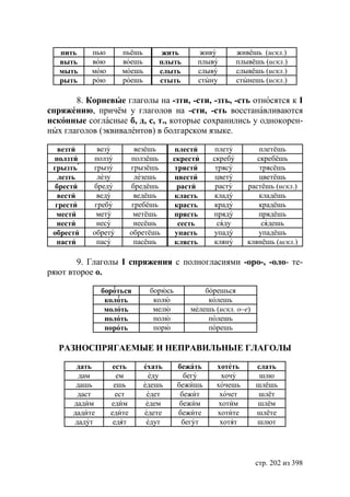 пить    пью      пьёшь        жить       живу          живёшь (искл.)
   выть    вою      воешь       плыть       плыву         плывёшь (искл.)
   мыть    мою      моешь       слыть       слыву         слывёшь (искл.)
   рыть    рою      роешь       стыть       стыну         стынешь (искл.)

       8. Корневыe глаголы на -зти, -сти, -зть, -сть относятся к I
спряжению, причём у глаголов на -сти, -сть восстанавливаются
исконные согласные б, д, с, т., которые сохранились у однокорен-
ных глаголов (эквивалентов) в болгарском языке.

   везти     везу          везёшь   плести        плету          плетёшь
 ползти    ползу         ползёшь    скрести      скребу         скребёшь
 грызть    грызу         грызёшь    трясти        трясу          трясёшь
   лезть     лезу          лезешь    цвести       цвету          цветёшь
  брести   бреду         бредёшь     расти        расту      растёшь (искл.)
   вести     веду          ведёшь   класть        кладу         кладёшь
  грести    гребу         гребёшь   красть        краду         крадёшь
  мести     мету          метёшь    прясть       пряду          прядёшь
  нести      несу          несёшь     сесть        сяду          сядешь
 обрести   обрету        обретёшь    упасть      упаду          упадёшь
  пасти      пасу          пасёшь   клясть       кляну       клянёшь (искл.)

       9. Глаголы I спряжения с полногласиями -оро-, -оло- те-
ряют второе о.

               бороться       борюсь          борешься
                колоть         колю            колешь
                молоть         мелю       мелешь (искл. о–е)
                полоть         полю            полешь
                пороть         порю            порешь

  РАЗНОСПРЯГАЕМЫЕ И НЕПРАВИЛЬНЬIЕ ГЛАГОЛЫ

       дать       есть      ехать      бежать    хотеть        слать
        дам        ем         еду        бегу      хочу         шлю
       дашь       ешь       едешь      бежишь    хочешь        шлёшь
       даст        ест       едет       бежит     хочет         шлёт
      дадим      едим        едем       бежим     хотим        шлём
      дадите     едите      едете      бежите    хотите        шлёте
      дадут       едят       едут        бегут    хотят        шлют




                                                               стр. 202 из 398
 