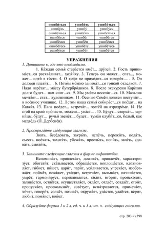 ошибиться       ушибить      ушибиться
                 ошибусь         ушибу        ушибусь
               ошибёшься       ушибёшь      ушибёшься
                ошибётся        ушибёт       ушибётся
                ошибёмся        ушибём       ушибёмся
               ошибётесь       ушибёте      ушибётесь
                ошибутся        ушибут       ушибутся

                          УПРАЖНЕНИЯ
1. Допишите ь, где это необходимо.
        1. Каждая семья старается имет... друзей. 2. Гость прини-
мает...ся расхваливат... хозяйку. 3. Теперь он может... спат..., мо-
жет... идти в гости. 4. О кофе не приходит...ся говорит.... . 5. Он
должен платит... . 6. Потом можно занимат...ся тонкой отделкой. 7.
Надо нарезат... массу бутербродиков. 8. После экскурсии Карелия
долго будет... нам снит...ся. 9. Мы умеем веселит...ся. 10. Мальчик
мечтает... стат... художником. 11. Осенью Семён должен поступит...
в военное училище. 12. Летом наша семья собирает...ся поехат... на
Кавказ. 13. Папа поедет... встречат... гостей на аэродроме. 14. Не
стой на краю пропасти, можеш... упаст... . 15. Будут... сверкат... зар-
ницы, будут... ручьи звенет..., будет... туман клубит...ся, белый, как
медведь (Л. Дербенëв).

2. Проспрягайте следующие глаголы.
        Звать, беседовать, закрыть, испечь, пережить, подать,
съесть, поехать, захотеть, убежать, прослыть, попить, запеть, сда-
вать, смолоть.

3. Запишите следующие глаголы в форме инфинитива.
        Вспоминает, привлекает, доживёт, привлечёт, характери-
зует, обогатит, сказывается, обращается, воплощается, вдохнов-
ляет, гибнет, пишет, царит, парит, усиливается, упрекает, изобра-
жает, поймёт, покажет, увидит, встречает, вызывает, начинается,
умрёт, гармонирует, перекликается, сидит, вторит, происходит,
заливается, остаётся, осуществляет, отдаст, отдаёт, создаёт, стоит,
пропускает, проскользнёт, советует, всматривается, примечает,
хочет, говорит, сольёт, познаёт, окружает, удастся, удаётся, верит,
любит, помянет, воюет.

4. Образуйте формы 1 и 2 л. ед. ч. и 3 л. мн. ч. следующих глаголов.

                                                         стр. 203 из 398
 