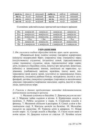 писа-ть   пиш-ут       пишущий    люби-ть   люб-ят      любящий
   би-ть     бь-ют        бьющий     мы-ть    мо-ют       моющий
   жи-ть    жив-ут       живущий     пе-чь    пек-ут      пекущий
   вес-ти   вед-ут       ведущий     ид-ти     ид-ут       идущий

    Склонение действительных причастий настоящего времени

    Им.      живущ-ий       живущ-ее     живущ-ая       живущ-ие
    Род.    живущ-его      живущ-его     живущ-ей       живущ-их
    Дат.    живущ-ему      живущ-ему     живущ-ей       живущ-им
    Вин.       = Род.         = Им.     живущ-ую          = Род.
    Тв.      живущ-им       живущ-им     живущ-ей      живущ-ими
    Пр.     о живущ-ем     о живущ-ем   о живущ-ей     о живущ-их

                         УПРАЖНЕНИЯ
1. От глаголов в скобках образуйте действ. прич. наст. времени.
        (Развеваться) флаг; (сиять) солнце; (загорать) курортники;
(пахнуть) водорослями берег; (окружать) мир; (танцевать) пары;
(отсутствовать) студентка; (отдыхать) семья; (предшествовать)
слово; (начинать) студенты; люди, (предпочитать) море горам;
дети, (плавать) в бассейне; отель, (иметь) три звёздочки; животные,
(обитать) в заповеднике; юноша, (кататься) на параплане; ху-
дожники, (любоваться) закатом; мужчины, (пить) вино; (ин-
тересовать) меня книга; меню, (состоять) из национальных блюд;
официанты, (подавать) рыбные блюда; экскурсанты, (идти) в дель-
финарий; датчане, (покупать) сувениры; (торговать) в магазинчиках
девушки; (продавать) мороженое мальчики; дорога, (вести) в горы;
люди, (жить) возле моря.

2. Глаголы в данных предложениях замените действительными
причастиями настоящего времени.
        1. Малыши купаются в бассейне. 2. Девочка рисует на пес-
ке. 3. Морские чайки ныряют в волны. 4. Курортники живут в
палатках. 5. Ребята загорают у озера. 6. Спортсмен плывёт к
финишу. 7. Москвичи обедают в ресторане. 8. Семья гуляет в Бо-
таническом саду. 9. Кактусы цветут на балконе. 10. Молодёжь
танцует на дискотеке. 10. Туристы идут в аквариум. 11. Повар
печёт пирог. 12. Сестра живёт в Несебре. 13. Гости пьют вино и
поют песни. 14. Девушка плачет от счастья. 15. Хозяйка мелет



                                                        стр. 247 из 398
 