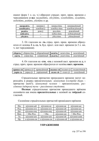 имеют форм 1 л. ед. ч.) образуют страдат. прич. прош. времени с
чередованием д–жд: наградить, обсудить, освободить, охладить,
победить, родить, убедить и др.

     наградить          награж-у      наград-ишь      награждённый
     освободить        освобож-у     освобод-ишь     освобождённый
       родить            рож-у         род-ишь         рождённый
      победить              –         побед-ишь       побеждённый
       убедить              –          убед-ишь        убеждённый

         3. От глаголов на -чь страд. прич. прош. времени образу-
ются от основы 2 л. ед. ч. буд. прост. или наст. времени (в 3 л. мн.
ч. нет чередования).

сберечь   сбереж-ёшь   сбережённый   испечь    испеч-ёшь      испечённый
 сжечь     сожж-ёшь     сожжённый    увлечь    увлеч-ёшь      увлечённый

        4. От глаголов на -сти, -сть с основой наст. времени на д, т
страд. прич. прош. времени образуются от основы наст. времени.

привес-ти привед-ут    приведённый   подмес-ти подмет-ут      подметённый
 украс-ть украд-ут      украденный    сплес-ти  сплет-ут       сплетённый

       Страдательные причастия прошедшего времени могут пе-
реходить в разряд прилагательных: замкнутая (сестрой) дверь –
причастие (кем?); замкнутый человек – прилагательное; рас-
сеянные (ветром) тучи – рассеянные студенты.
       Полные страдательные причастия прошедшего времени
склоняютя как имена прилагательные с основой на твёрдый со-
гласный.

    Склонение страдательных причастий прошедшего времени

   Им.      купленн-ый      купленн-ое     купленн-ая       купленн-ые
   Род.    купленн-ого     купленн-ого     купленн-ой       купленн-ых
   Дат.    купленн-ому     купленн-ому     купленн-ой       купленн-ым
   Вин.      = Им./Род.        = Им.       купленн-ую        = Им./Род.
   Тв.      купленн-ым      купленн-ым     купленн-ой      купленн-ыми
   Пр.     о купленн-ом    о купленн-ом   о купленн-ой     о купленн-ых

                           УПРАЖНЕНИЯ

                                                             стр. 257 из 398
 