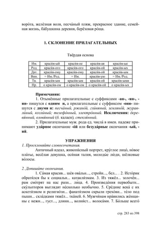 ворота, железная воля, песчаный пляж, прекрасное здание, семей-
ная жизнь, бабушкина деревня, берёзовая роща.


             1. СКЛОНЕНИЕ ПРИЛАГАТЕЛЬНЫХ

                           Твёрдая основа

     Им.      красив-ый     красив-ое     красив-ая     красив-ые
     Рoд.    красив-ого    красив-ого     красив-ой     красив-ых
     Дат.    красив-ому    красив-ому     красив-ой     красив-ым
     Вин.     = Им./Род.      = Им.       красив-ую     = Им./Род.
     Тв.      красив-ым     красив-ым     красив-ой    красив-ыми
     Пр.     о красив-ом   о красив-ом   о красив-ой   о красив-ых

       Примечания:
       1. Отымённые прилагательные с суффиксами -ан-, -ян-, -
ин- пишутся с одним н, а прилагательные с суффиксом -онн- пи-
шутся с двумя н: песчаный, ржаной, глиняный, земляной, журав-
линый, козлиный телефонный, электронный. Исключения: дере-
вянный, оловянный (б. калаен), стеклянный.
       2. Прилагательные муж. рода ед. числа в имен. падеже при-
нимают ударное окончание -ой или безударные окончания -ый, -
ий.

                       УПРАЖНЕНИЯ
1. Просклоняйте словосочетания.
        Античный идеал, живописный портрет, круглое лицо, новое
платье, весёлая девушка, осиная талия, молодые люди, шёлковые
волосы.

2. Допишите окончания.
       1. Самая красив... шея овальн..., стройн..., бел... . 2. Историк
обратился бы к социальн... катаклизмам. 3. Из тяжёл... золочён...
рам смотрят на нас разн... лица. 4. Произведения первобытн...
скульпторов выглядят несколько необычно. 5. Средние века с их
аскетизмом и религиозн... фанатизмом скрыли греховн... тело под
пышн... складками тяжёл... тканей. 6. Мужчинам нравились женщи-
ны с нежн..., густ..., длинн..., волнист... волосами. 7. Больше всего

                                                          стр. 283 из 398
 