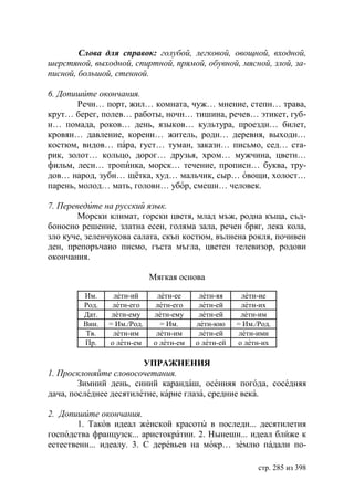 Слова для справок: голубой, легковой, овощной, входной,
шерстяной, выходной, спиртной, прямой, обувной, мясной, злой, за-
писной, большой, стенной.

6. Допишите окончания.
        Речн… порт, жил… комната, чуж… мнение, степн… трава,
крут… берег, полев… работы, ночн… тишина, речев… этикет, губ-
н… помада, роков… день, языков… культура, проездн… билет,
кровян… давление, коренн… житель, родн… деревня, выходн…
костюм, видов… пара, густ… туман, заказн… письмо, сед… ста-
рик, золот… кольцо, дорог… друзья, хром… мужчина, цветн…
фильм, лесн… тропинка, морск… течение, прописн… буква, тру-
дов… народ, зубн… щётка, худ… мальчик, сыр… овощи, холост…
парень, молод… мать, головн… убор, смешн… человек.

7. Переведите на русский язык.
        Морски климат, горски цветя, млад мъж, родна къща, съд-
боносно решение, златна есен, голяма зала, речен бряг, лека кола,
зло куче, зеленчукова салата, скъп костюм, вълнена рокля, почивен
ден, препоръчано писмо, гъста мъгла, цветен телевизор, родови
окончания.

                            Мягкая основа

        Им.      летн-ий      летн-ее     летн-яя     летн-ие
        Рoд.    летн-его     летн-его     летн-ей     летн-их
        Дат.    летн-ему     летн-ему     летн-ей     летн-им
        Вин.   = Им./Род.      = Им.     летн-юю     = Им./Род.
        Тв.     летн-им       летн-им     летн-ей    летн-ими
        Пр.    о летн-ем     о летн-ем   о летн-ей   о летн-их

                        УПРАЖНЕНИЯ
1. Просклоняйте словосочетания.
        Зимний день, синий карандаш, осенняя погода, соседняя
дача, последнее десятилетие, карие глаза, средние века.

2. Допишите окончания.
       1. Таков идеал женской красоты в последн... десятилетия
господства французск... аристократии. 2. Нынешн... идеал ближе к
естественн... идеалу. 3. С деревьев на мокр… землю падали по-

                                                           стр. 285 из 398
 