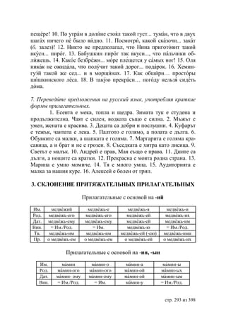 пещере! 10. По утрам в долине стоял такой густ... туман, что в двух
шагах ничего не было видно. 11. Посмотри, какой сказочн... закат
(б. залез)! 12. Никто не предполагал, что Нина приготовит такой
вкусн... пирог. 13. Бабушкин пирог так вкусн..., что пальчики об-
лижешь. 14. Какое безбрежн... море плещется у самых ног! 15. Оля
никак не ожидала, что получит такой дорог... подарок. 16. Хемин-
гуэй такой же сед... и в морщинах. 17. Как обширн… просторы
шишкинского леса. 18. В такую прекрасн… погоду нельзя сидеть
дома.

7. Переведите предложения на русский язык, употребляя краткие
формы прилагательных.
        1. Есента е мека, топла и щедра. Зимата тук е студена и
продължителна. Чаят е силен, водката също е силна. 2. Мъжът е
умен, жената е красива. 3. Децата са добри и послушни. 4. Куфарът
е тежък, чантата е лека. 5. Палтото е голямо, а полата е дълга. 6.
Обувките са малки, а шапката е голяма. 7. Маргарита е голяма кра-
савица, а и брат и не е грозен. 8. Съседката е хитра като лисица. 9.
Светът е малък. 10. Андрей е прав, Мая също е права. 11. Дните са
дълги, а нощите са кратки. 12. Прекрасна е моята родна страна. 13.
Марина е умно момиче. 14. Тя е много умна. 15. Аудиторията е
малка за нашия курс. 16. Алексей е болен от грип.

3. СКЛОНЕНИЕ ПРИТЯЖАТЕЛЬНЫХ ПРИЛАГАТЕЛЬНЫХ

                       Прилагательные с основой на -ий

Им.      медвежий        медвежь-е       медвежь-я         медвежь-и
Рoд.   медвежь-его     медвежь-его      медвежь-ей         медвежь-их
Дат.   медвежь-ему     медвежь-ему      медвежь-ей         медвежь-им
Вин.     = Им./Род.        = Им.         медвежь-ю          = Им./Род.
Тв.     медвежь-им      медвежь-им    медвежь-ей (-ею)    медвежь-ими
Пр.    о медвежь-ем    о медвежь-ем    о медвежь-ей       о медвежь-их

              Прилагательные с основой на -ин, -ын

   Им.      мамин         мамин-о      мамин-а            мамин-ы
   Рoд.   мамин-ого      мамин-ого     мамин-ой          мамин-ых
   Дат.   мамин- ому     мамин-ому     мамин-ой          мамин-ым
   Вин.   = Им./Род.       = Им.       мамин-у           = Им./Род.


                                                          стр. 293 из 398
 