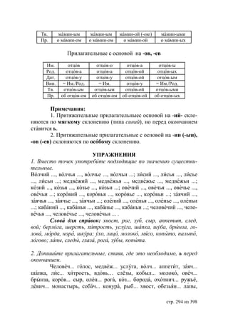 Тв.        мамин-ым       мамин-ым      мамин-ой (-ою)     мамин-ыми
    Пр.       о мамин-ом     о мамин-ом       о мамин-ой       о мамин-ых

                  Прилагательные с основой на -ов, -ев

       Им.        отцов         отцов-о        отцов-а          отцов-ы
       Рoд.      отцов-а        отцов-а       отцов-ой         отцов-ых
       Дат.      отцов-у        отцов-у       отцов-ой         отцов-ым
       Вин.     = Им./Род.       = Им.         отцов-у        = Им./Род.
       Тв.      отцов-ым       отцов-ым       отцов-ой        отцов-ыми
       Пр.     об отцов-ом    об отцов-ом    об отцов-ой     об отцов-ых

        Примечания:
        1. Притяжательные прилагательныес основой на -ий- скло-
няются по мягкому склонению (типа синий), но перед окончанием
ставится ь.
        2. Притяжательные прилагательные с основой на -ин (-ын),
-ов (-ев) склоняются по особому склонению.

                              УПРАЖНЕНИЯ
1. Вместо точек употребите подходящие по значению существи-
тельные.
Волчий ..., волчья ..., волчье ..., волчьи ...; лисий ..., лисья ..., лисье
..., лисьи ...; медвежий ..., медвежья ..., медвежье ..., медвежьи ...;
козий ..., козья ..., козье ..., козьи ...; овечий ..., овечья ..., овечье ...,
овечьи ...; коровий ..., коровья ..., коровье ..., коровьи ...; заячий ...,
заячья ..., заячье ..., заячьи ...; олений ..., оленья ..., оленье ..., оленьи
...; кабаний ..., кабанья ..., кабанье ..., кабаньи ...; человечий ..., чело-
вечья ..., человечье ..., человечьи ... .
         Слова для справок: хвост, рог, зуб, сыр, аппетит, след,
вой берлога, шерсть, хитрость, услуга, шапка, шуба, брынза, го-
лова, морда, нора, шкура ухо, лицо, молоко, мясо, копыто, пальто,
логово лапы, следы, глаза, рога, зубы, копыта.

2. Допишите прилагательные, ставя, где это необходимо, ь перед
окончанием.
        Человеч... голос, медвеж... услуга, волч... аппетит, заяч...
шапка, лис... хитрость, вдовь… слёзы, кобыл... молоко, овеч...
брынза, коров... сыр, олен... рога, коз... борода, охотнич... ружьё,
девич... монастырь, собач... конура, рыб... хвост, обезьян... лапы,

                                                                  стр. 294 из 398
 