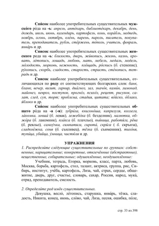 Список наиболее употребительных существительных муж-
ского рода на -ь: апрель, аптекарь, библиотекарь, декабрь, день,
дождь, июль, июнь, календарь, картофель, конь, корабль, медведь,
ноябрь, огонь, октябрь, олень, парень, пароль, писатель, покупа-
тель, преподаватель, рубль, стержень, тополь, учитель, февраль,
январь и др.
        Список наиболее употребительных существительных жен-
ского рода на -ь: близость, дверь, жúвопись, жизнь, казнь, кро-
вать, лéтопись, лошадь, любовь, мать, мебель, медаль, модель,
м лодость, морковь, нежность, пл щадь, роспись (б. стенопис),
р копись, скорбь, сладость, старость, страсть, стенопись, тет-
радь и др.
        Список наиболее употребительных существительных, от-
личающихся по роду от соответствующих болгарских слов: банк,
бланк, вечер, визит, гарнир, диагноз, зал, значок, камин, лимонад,
майонез, невроз, поступок, прогноз, психоз, рецепт, рисунок, са-
лат, след, суп, торт проблема, стадия, цитата войско, облако,
яблоко и др.
        Список наиболее употребительных существительных об-
щего рода на -а (-я): зубрила, книгоноша, капризуля, коллега,
лакомка, левша (б. левак), лежебока (б. безделник), малютка, об-
жора (б. лакомник), плакса (б. плачльо), пьяница, работяга, рёва
(б. ревльо), самоучка, симпатяга, сирота, скряга ( б. скрънза),
сладкоежка, соня (б. сънливец), тёзка (б. съименник), тихоня,
тупица, убийца, умница, чистюля и др.

                        УПРАЖНЕНИЯ
1. Распределите следующие существительные по группам: собст-
венные, нарицательные конкретные, отвлечённые (абстрактные),
вещественные, собирательные одушевлённые, неодушевлённые:
        Учебник, тетрадь, Егорка, морковь, класс, парта, любовь,
Москва, борьба, картофель, стол, талант, актриса, группа, рис, Си-
бирь, институт, учёба, картофель, Лиза, чай, страх, сердце, обще-
житие, дверь, друг, счастье, словарь, сахар, Россия, народ, мука,
отряд, преподаватель, смелость.

2. Определите род имён существительных.
        Девушка, весло, летопись, старушка, январь, тёзка, сла-
дость, Никита, конец, июнь, слово, чай, Лиза, песня, ошибка, поле,


                                                      стр. 33 из 398
 