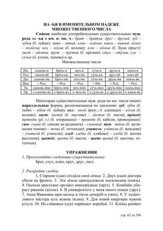 НА -ЬЯ В ИМЕНИТЕЛЬНОМ ПАДЕЖЕ
                  МНОЖЕСТВЕННОГО ЧИСЛА
        Список наиболее употребительных существительных муж.
рода на -ья в им. п. мн. ч.: брат – братья друг – друзья зуб –
зубья (б. зъбци) зять – зятья клин – клинья князь – князья колос
– колосья кол – колья (б. колове) ком – комья (б. буци пръст)
лист – листья прут – прутья (б. пръчки) стул – стулья сук –
сучья (б. клони, чепове) и др.
                       Множественное число

Им.   сыновь-я   брать-я       зять-я      сучь-я    друзь-я   князь-я
Род.  сынов-ей   брать-ев     зять-ёв     сучь-ев    друз-ей   княз-ей
Дат. сыновь-ям брать-ям       зять-ям     сучь-ям   друзь-ям князь-ям
Вин.   = Род.     = Род.       = Род.      = Им.      = Род.    = Род.
Тв. сыновь-ями брать-ями     зять-ями    сучь-ями друзь-ями князь-ями
Пр. о сыновь-ях о брать-ях   о зять-ях   о сучь-ях о друзь-ях о князь-ях

        Некоторые существительные муж. рода во мн. числе имеют
параллельные формы, различающиеся по значению: зуб: зубы (б.
зъби) – зубья (б. зъбци); кол: колы (разг.; б. единици) – колья (б.
колове); лист: листы (б. листове) – листья (б. листа); провод:
проводы (pl. t.) (б. изпращане) – провода (б. кабели, проводници);
сын: сыны (б. синове на родината) – сыновья; тон: тоны (б. музи-
кални тонове) – тона (б. оттенъци); учитель: учители (б. вождове)
– учителя (б. учители); хлеб: хлебы (б. хлябове) – хлеба (б. житни
растения); цветок: цветы (б. цветя) – цвет: цвета (б. цветове, от-
тенъци).

                         УПРАЖНЕНИЯ
1. Просклоняйте следующие существительные.
       Брат, стул, клин, прут, друг, лист.

2. Раскройте скобки.
         1. Старшие (сын) создали свои семьи. 2. Двух (сын) доктора
убили на фронте. 3. Эти земли принадлежали московским (князь).
4. Осенью крестьяне срезают виноградные (прут). 5. Комбайн уби-
рает ржаные (колос). 6. В университете у меня много новых (друг).
7. Анна Ивановна пригласила в гости дочерей и (зять). 8. У талант-
ливого мастера есть всякие (клин). 9. Для новой квартиры нужны
(стул). 10. На сливовых (сук) чирикают воробьи. 11. Клёны роняют

                                                           стр. 62 из 398
 