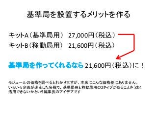 キットA（基準局用） 27,000円（税込）
キットB（移動局用） 21,600円（税込）
基準局を作ってくれるなら 21,600円（税込）に！
基準局を設置するメリットを作る
モジュールの価格を調べるとわかりますが、本来はこんな価格差はありません。
いろいろ企画が迷走した名残で、基準局用と移動局用の2タイプがあることをうまく
活用できないかという編集長のアイデアです
 
