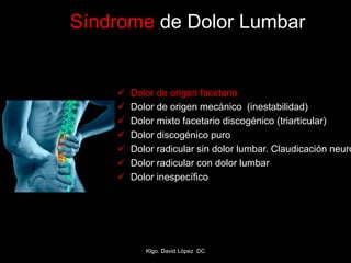 Síndrome de Dolor Lumbar
 Dolor de origen facetario
 Dolor de origen mecánico (inestabilidad)
 Dolor mixto facetario discogénico (triarticular)
 Dolor discogénico puro
 Dolor radicular sin dolor lumbar. Claudicación neuro
 Dolor radicular con dolor lumbar
 Dolor inespecífico
Klgo. David López DC
 
