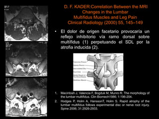 D. F. KADER:Correlation Between the MRI
Changes in the Lumbar
Multiﬁdus Muscles and Leg Pain
Clinical Radiology (2000) 55, 145–149
• El dolor de origen facetario provocaría un
reflejo inhibitorio vía ramo dorsal sobre
multífidus (1) perpetuando el SDL por la
atrofia inducida (2).
1. Macintosh J, Valencia F, Bogduk M, Munro R. The morphology of
the lumbar multiﬁdus. Clin Biomech1986; 1:196-204.
2. Hodges P, Holm A, HanssonT, Holm S. Rapid atrophy of the
lumbar multiﬁdus follows experimental disc or nerve root injury.
Spine 2006; 31:2926-2933.
 