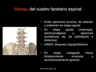 Manejo del cuadro facetario espinal
• Evitar ejercicios bruscos, de rotación
y extensión en etapa aguda
• En etapa aguda crioterapia,
electroanalgesia y ejercicios
isométricos (ej. de solicitación a
distancia).
• AINES, bloqueos zigoapofisiarios.
• En etapa subaguda iniciar
fortalecimiento muscular y
acondicionamiento general.
Klgo. David López DC
 
