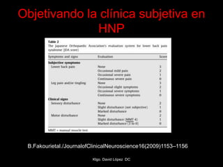 Objetivando la clínica subjetiva en
HNP
B.Fakourietal./JournalofClinicalNeuroscience16(2009)1153–1156
Klgo. David López DC
 