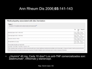 Ann Rheum Dis 2006;65:141-143
• ¿Humira* 40 mg. Cada 10 dias? Los anti-TNF comercializados son:
adalimumab*, infliximab y etanercept.
Klgo. David López DC
 
