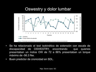• Se ha relacionado el test isokinético de extensión con escala de
discapacidad de OSWESTRY, encontrando que quienes
presentaban un índice OW de 72 a 86% presentaban un torque
máximo de -56.3 Nw.
• Buen predictor de cronicidad en SDL.
Oswestry y dolor lumbar
Klgo. David López DC
 