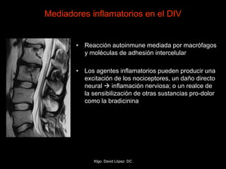 Mediadores inflamatorios en el DIV
• Reacción autoinmune mediada por macrófagos
y moléculas de adhesión intercelular
• Los agentes inflamatorios pueden producir una
excitación de los nociceptores, un daño directo
neural  inflamación nerviosa; o un realce de
la sensibilización de otras sustancias pro-dolor
como la bradicinina
Klgo. David López DC
 