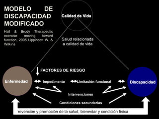 Calidad de Vida
DiscapacidadEnfermedad Impedimento Limitación funcional
Intervenciones
Condiciones secundarias
FACTORES DE RIESGO
Prevención y promoción de la salud, bienestar y condición física
Salud relacionada
a calidad de vida
MODELO DE
DISCAPACIDAD
MODIFICADO
Hall & Brody Therapeutic
exercise moving toward
function, 2005 Lippincott W. &
Wilkins
Klgo. David López DC
 