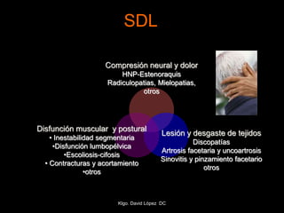 SDL
Compresión neural y dolor
HNP-Estenoraquis
Radiculopatias, Mielopatias,
otros
Lesión y desgaste de tejidos
Discopatías
Artrosis facetaria y uncoartrosis
Sinovitis y pinzamiento facetario
otros
Disfunción muscular y postural
• Inestabilidad segmentaria
•Disfunción lumbopélvica
•Escoliosis-cifosis
• Contracturas y acortamiento
•otros
Klgo. David López DC
 