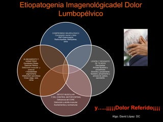 Etiopatogenia Imagenológicadel Dolor
Lumbopélvico
COMPROMISO NEUROLÓGICO
Compresión neural y dolor
HNP-Estenoraquis
Radiculopatias, Mielopatias,
otros
LESIÓN Y DESGASTE
DE TEJIDOS
Discopatías
Artrosis facetaria y
uncoartrosis
Sinovitis y pinzamiento
facetario, pinzamiento y
artrosis de cadera,
sacroileítis
DEFICIT MUSCULAR
Y DEL CONTROL MOTOR ESPINAL
Deficiencia del CORE
Disfunción y atrofia muscular
Acortamientos y contracturas
ALINEAMIENTO Y
ASIMETRÍAS
Escoliosis-Cifosis-
Desnivel Pélvico
Disfunción muscular y
postural
• Inestabilidad
segmentaria
•Disfunción sacroilíaca
•Coxa valga, vara,
•otros
y…..¡¡¡¡¡Dolor Referido¡¡¡¡
Klgo. David López DC
 