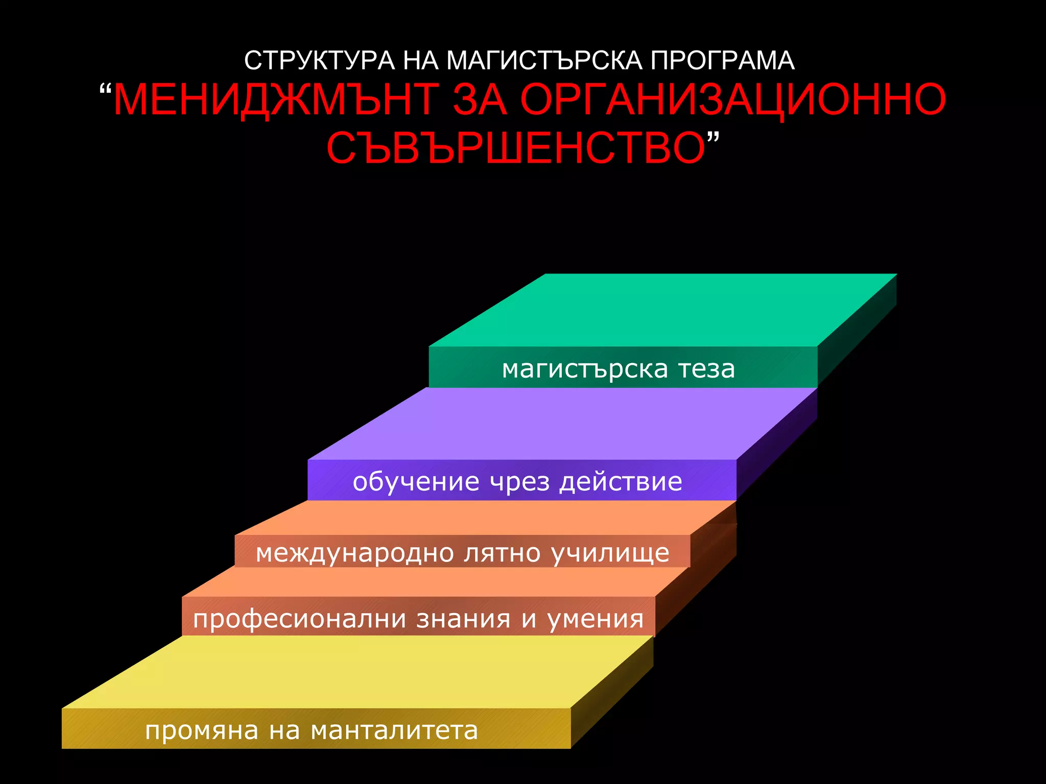 СТРУКТУРА НА МАГИСТЪРСКА ПРОГРАМА  “ МЕНИДЖМЪНТ ЗА ОРГАНИЗАЦИОННО СЪВЪРШЕНСТВО ” професионални знания и умения промяна на манталитета  международно лятно училище обучение чрез действие  м агистърска теза  