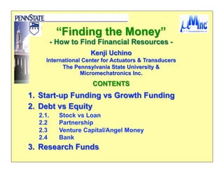 2.1.   Stock vs Loan
2.2    Partnership
2.3    Venture Capital/Angel Money
2.4    Bank
 