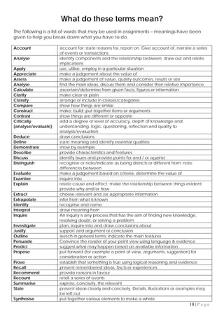 10 | P a g e
What do these terms mean?
The following is a list of words that may be used in assignments – meanings have been
given to help you break down what you have to do.
Account account for: state reasons for, report on. Give account of, narrate a series
of events or transactions
Analyse identify components and the relationship between; draw out and relate
implications
Apply use, utilise, employ in a particular situation
Appreciate make a judgement about the value of
Assess make a judgement of value, quality outcomes, results or size
Analyse find the main ideas, discuss them and consider their relative importance
Calculate ascertain/determine from given facts, figures or information
Clarify make clear or plain
Classify arrange or include in classes/categories
Compare show how things are similar
Construct make: build: put together items or arguments
Contrast show things are different or opposite
Critically
(analyse/evaluate)
add a degree or level of accuracy, depth of knowledge and
understanding, logic, questioning, reflection and quality to
analysis/evaluation
Deduce draw conclusions
Define state meaning and identify essential qualities
Demonstrate show by example
Describe provide characteristics and features
Discuss identify issues and provide points for and / or against
Distinguish recognise or note/indicate as being districts or different from; note
differences between
Evaluate make a judgement based on criteria; determine the value of
Examine inquire into
Explain relate cause and effect; make the relationship between things evident;
provide why and/or how
Extract choose relevant and /or appropriate information
Extrapolate infer from what is known
Identify recognise and name
Interpret draw meaning from
Inquire An inquiry is any process that has the aim of finding new knowledge,
resolving doubt, or solving a problem
Investigate plan, inquire into and draw conclusions about
Justify support and argument or conclusion
Outline sketch in general terms; indicate the main features
Persuade Convince the reader of your point view using language & evidence
Predict suggest what may happen based on available information
Propose put forward (for example a point of view, arguments, suggestion) for
consideration or action
Prove establish that something is true using logical reasoning and evidence
Recall present remembered ideas, facts or experiences
Recommend provide reasons in favour
Recount retell a series of events
Summarise express, concisely, the relevant
State present ideas clearly and concisely. Details, illustrations or examples may
be left out
Synthesise put together various elements to make a whole
 