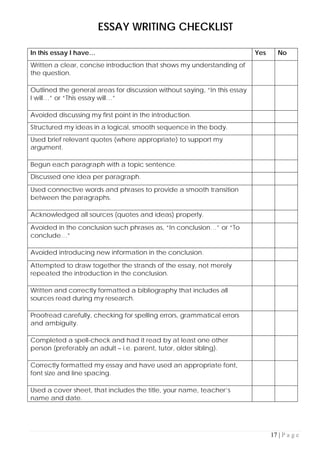 17 | P a g e
ESSAY WRITING CHECKLIST
In this essay I have… Yes No
Written a clear, concise introduction that shows my understanding of
the question.
Outlined the general areas for discussion without saying, “In this essay
I will…” or “This essay will…”
Avoided discussing my first point in the introduction.
Structured my ideas in a logical, smooth sequence in the body.
Used brief relevant quotes (where appropriate) to support my
argument.
Begun each paragraph with a topic sentence.
Discussed one idea per paragraph.
Used connective words and phrases to provide a smooth transition
between the paragraphs.
Acknowledged all sources (quotes and ideas) properly.
Avoided in the conclusion such phrases as, “In conclusion…” or “To
conclude…”
Avoided introducing new information in the conclusion.
Attempted to draw together the strands of the essay, not merely
repeated the introduction in the conclusion.
Written and correctly formatted a bibliography that includes all
sources read during my research.
Proofread carefully, checking for spelling errors, grammatical errors
and ambiguity.
Completed a spell-check and had it read by at least one other
person (preferably an adult – i.e. parent, tutor, older sibling).
Correctly formatted my essay and have used an appropriate font,
font size and line spacing.
Used a cover sheet, that includes the title, your name, teacher’s
name and date.
 