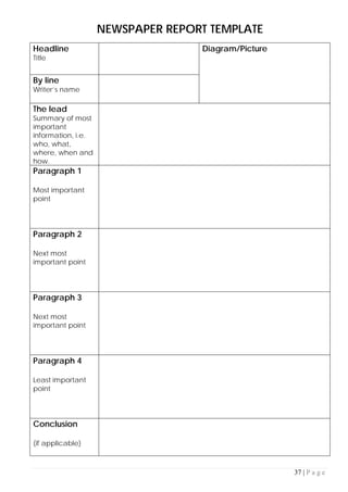 37 | P a g e
NEWSPAPER REPORT TEMPLATE
Headline
Title
Diagram/Picture
By line
Writer’s name
The lead
Summary of most
important
information, i.e.
who, what,
where, when and
how.
Paragraph 1
Most important
point
Paragraph 2
Next most
important point
Paragraph 3
Next most
important point
Paragraph 4
Least important
point
Conclusion
(if applicable)
 