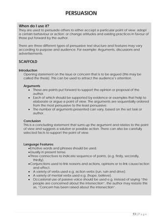 53 | P a g e
PERSUASION
When do I use it?
They are used to persuade others to either accept a particular point of view; adopt
a certain behaviour or action; or change attitudes and existing practices in favour of
those put forward by the author.
There are three different types of persuasive text structure and features may vary
according to purpose and audience. For example: Arguments, discussions and
advertisements.
SCAFFOLD
Introduction
Opening statement on the issue or concern that is to be argued (this may be
called the thesis). This can be used to attract the audience’s attention.
Arguments
• These are points put forward to support the opinion or proposal of the
author.
• Each of which should be supported by evidence or examples that help to
elaborate or argue a point of view. The arguments are sequentially ordered
from the most persuasive to the least persuasive.
• The number of arguments presented can vary, based on the set task or
author.
Conclusion
This is a concluding statement that sums up the argument and relates to the point
of view and suggests a solution or possible action. There can also be carefully
selected facts to support the point of view.
Language Features:
•Emotive words and phrases should be used.
•Usually in present tense.
•Three connectives to indicate sequence of points, (e.g. firstly, secondly,
thirdly).
•Conjunctions used to link reasons and actions, opinions or to link cause/action
and effect.
• A variety of verbs used e.g. action verbs (run, ruin and drive).
• A variety of mental verbs used e.g. (hope, believe).
• Occasional use of passive voice should be used e.g. instead of saying “the
people are concerned about the intersection”, the author may restate this
as, “Concern has been raised about the intersection”.
 