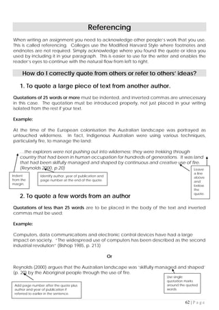 62 | P a g e
Referencing
When writing an assignment you need to acknowledge other people’s work that you use.
This is called referencing. Colleges use the Modified Harvard Style where footnotes and
endnotes are not required. Simply acknowledge where you found the quote or idea you
used by including it in your paragraph. This is easier to use for the writer and enables the
reader’s eyes to continue with the natural flow from left to right.
How do I correctly quote from others or refer to others’ ideas?
1. To quote a large piece of text from another author.
Quotations of 25 words or more must be indented, and inverted commas are unnecessary
in this case. The quotation must be introduced properly, not just placed in your writing
isolated from the rest if your text.
Example:
At the time of the European colonisation the Australian landscape was portrayed as
untouched wilderness. In fact, Indigenous Australian were using various techniques,
particularly fire, to manage the land:
…the explorers were not pushing out into wilderness; they were trekking through
country that had been in human occupation for hundreds of generations. It was land
that had been skilfully managed and shaped by continuous and creative use of fire.
(Reynolds 2000, p.20)
2. To quote a few words from an author
Quotations of less than 25 words are to be placed in the body of the text and inverted
commas must be used:
Example:
Computers, data communications and electronic control devices have had a large
impact on society. “The widespread use of computers has been described as the second
industrial revolution” (Bishop 1985, p. 213)
Or
Reynolds (2000) argues that the Australian landscape was ‘skilfully managed and shaped’
(p. 20) by the Aboriginal people through the use of fire.
Indent
from the
margin.
Identify author, year of publication and
page number at the end of the quote.
Leave
a line
above
and
below
the
quote.
Use single
quotation marks
around the quoted
words.
Add page number after the quote plus
author and year of publication if
referred to earlier in the sentence.
 