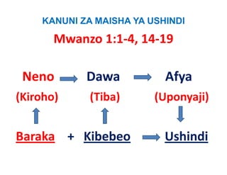 KANUNI ZA MAISHA YA USHINDI

         Mwanzo 1:1‐4, 14‐19

 Neno            Dawa               Afya
(Kiroho)           (Tiba)            (Uponyaji)
(Kiroho)           (Tiba)            (Uponyaji)


Baraka +   Kibebeo                  Ushindi
 