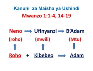 Kanuni za Maisha ya Ushindi
        Mwanzo 1:1‐4, 14‐19

Neno           Ufinyanzi           B Adam
                                   B’Adam
(roho)           (mwili)                (Mtu)
(roho)           (mwili)                (Mtu)


Roho +    Kibebeo                     Adam
 