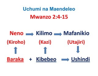 Uchumi na Maendeleo
             Mwanzo 2:4‐15

 Neno            Kilimo           Mafanikio
(Kiroho)           (Kazi)             (Utajiri)
(Kiroho)           (Kazi)             (Utajiri)


Baraka +   Kibebeo                    Ushindi
 