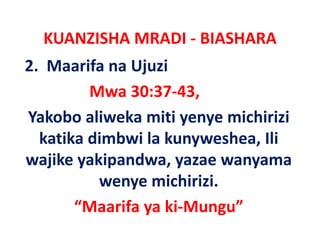 KUANZISHA MRADI ‐ BIASHARA
2.  Maarifa na Ujuzi
         Mwa 30:37‐43,
Yakobo aliweka miti yenye michirizi
  katika dimbwi la kunyweshea Ili
                 la kunyweshea, Ili 
wajike yakipandwa, yazae wanyama
          wenye michirizi. 
       “Maarifa ki‐Mungu”
       “M if ya ki M        ”
 