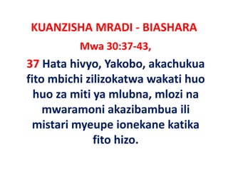 KUANZISHA MRADI ‐ BIASHARA
          Mwa 30:37‐43,
37 Hata hivyo, Yakobo, akachukua
fito mbichi zilizokatwa wakati h o
             ili okat a akati huo
  huo za miti ya mlubna, mlozi na
              y            ,
    mwaramoni akazibambua ili
 mistari myeupe i
    it i           ionekane k tik
                         k   katika
              fito hizo.
 