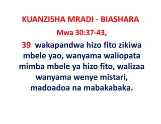 KUANZISHA MRADI ‐ BIASHARA
         Mwa 30:37‐43,
39 wakapandwa hizo fito zikiwa
 mbele yao, wanyama waliopata
        ao an ama aliopata
mimba mbele ya hizo fito, walizaa
             y          ,
   wanyama wenye mistari, 
  madoadoa na mabakabaka.
     d d          b k b k
 