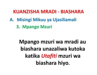 KUANZISHA MRADI ‐ BIASHARA
A. Misingi Mikuu ya Ujasiliamali
   3.  Mpango Mzuri 


    Mpango mzuri wa mradi au 
    Mpango mzuri wa mradi au
    biashara unazaliwa kutoka 
      katika Utafiti mzuri wa 
           biashara hiyo.
           bi h      hi
 