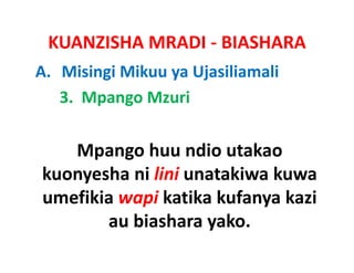 KUANZISHA MRADI ‐ BIASHARA
A. Misingi Mikuu ya Ujasiliamali
   3.  Mpango Mzuri

   Mpango huu ndio utakao
kuonyesha ni lini unatakiwa kuwa
umefikia wapi katika kufanya kazi
       au biashara yako.
       au biashara yako
 