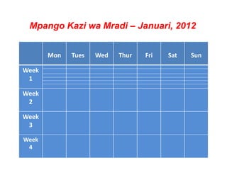 Mpango Kazi wa Mradi – Januari, 2012


       Mon   Tues   Wed   Thur   Fri   Sat   Sun

Week
 1

Week
 2

Week
 3

Week
 4
 