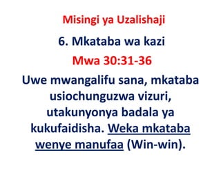 Misingi ya Uzalishaji
     6. Mkataba wa kazi
        Mwa 30:31‐36
Uwe mwangalifu sana, mkataba 
    usiochunguzwa vizuri, 
    usiochunguzwa vizuri
           y y        y
   utakunyonya badala ya 
 kukufaidisha. Weka mkataba 
  wenye manufaa (
               f (Win‐win).)
 