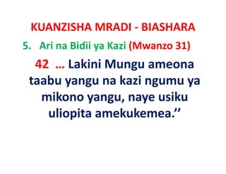 KUANZISHA MRADI ‐ BIASHARA
5. Ari na Bidii ya Kazi (Mwanzo 31)
  42  … Lakini Mungu ameona
 taabu yangu na k i ngumu ya
    b           kazi
   mikono yangu naye usiku
           yangu, naye
    uliopita amekukemea.’’
 