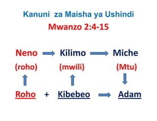 Kanuni za Maisha ya Ushindi
            Mwanzo 2:4‐15

Neno            Kilimo              Miche
(roho)           (mwili)                (Mtu)
(roho)           (mwili)                (Mtu)


Roho +    Kibebeo                     Adam
 