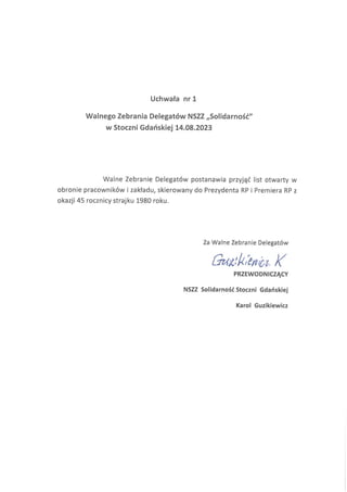 Projekty Uchwał Walnego Zebrania Delegatów NSZZ Solidarność Stocznia Gdańska