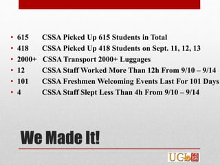 We Made It!
• 615 CSSA Picked Up 615 Students in Total
• 418 CSSA Picked Up 418 Students on Sept. 11, 12, 13
• 2000+ CSSA Transport 2000+ Luggages
• 12 CSSA Staff Worked More Than 12h From 9/10 – 9/14
• 101 CSSA Freshmen Welcoming Events Last For 101 Days
• 4 CSSA Staff Slept Less Than 4h From 9/10 – 9/14
 