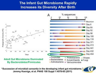 The Infant Gut Microbiome Rapidly
Increases its Diversity After Birth

Adult Gut Microbiome Dominated
By Bacteroidetes/Firmicutes
―Succession of microbial consortia in the developing infant gut microbiome,‖
Jeremy Koeniga, et al. PNAS 108 Suppl 1:4578-85 (2011)

 