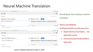 Neural Machine Translation
Screen snapshot captured on April 5, 2018
• Overall better than statistical machine
translation
• Worse controllability
• Existing translation quality assurance
 Need reference translation，not
applicable online
 Cannot precisely locate problem
types and
 